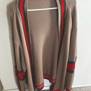 Boohoo Plus Tan Cardigan with Red and Green Stripes